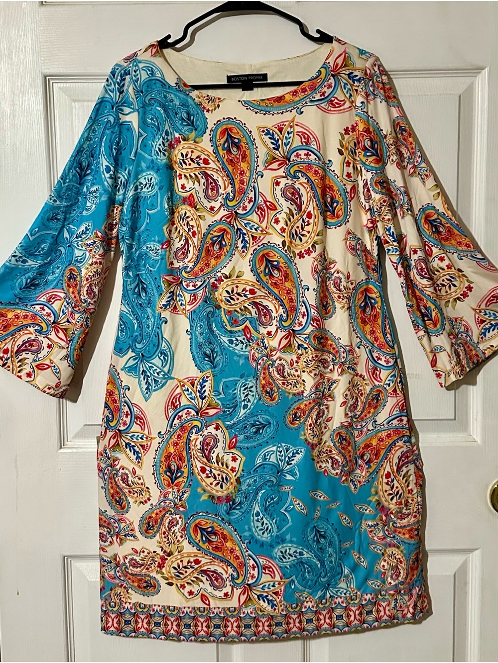 Boston Proper Teal and Cream Paisley Long-Sleeve Shift Dress